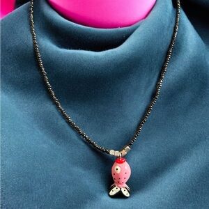 Tiny Black Beaded Necklace Cute Pink Fish Pendant for Women